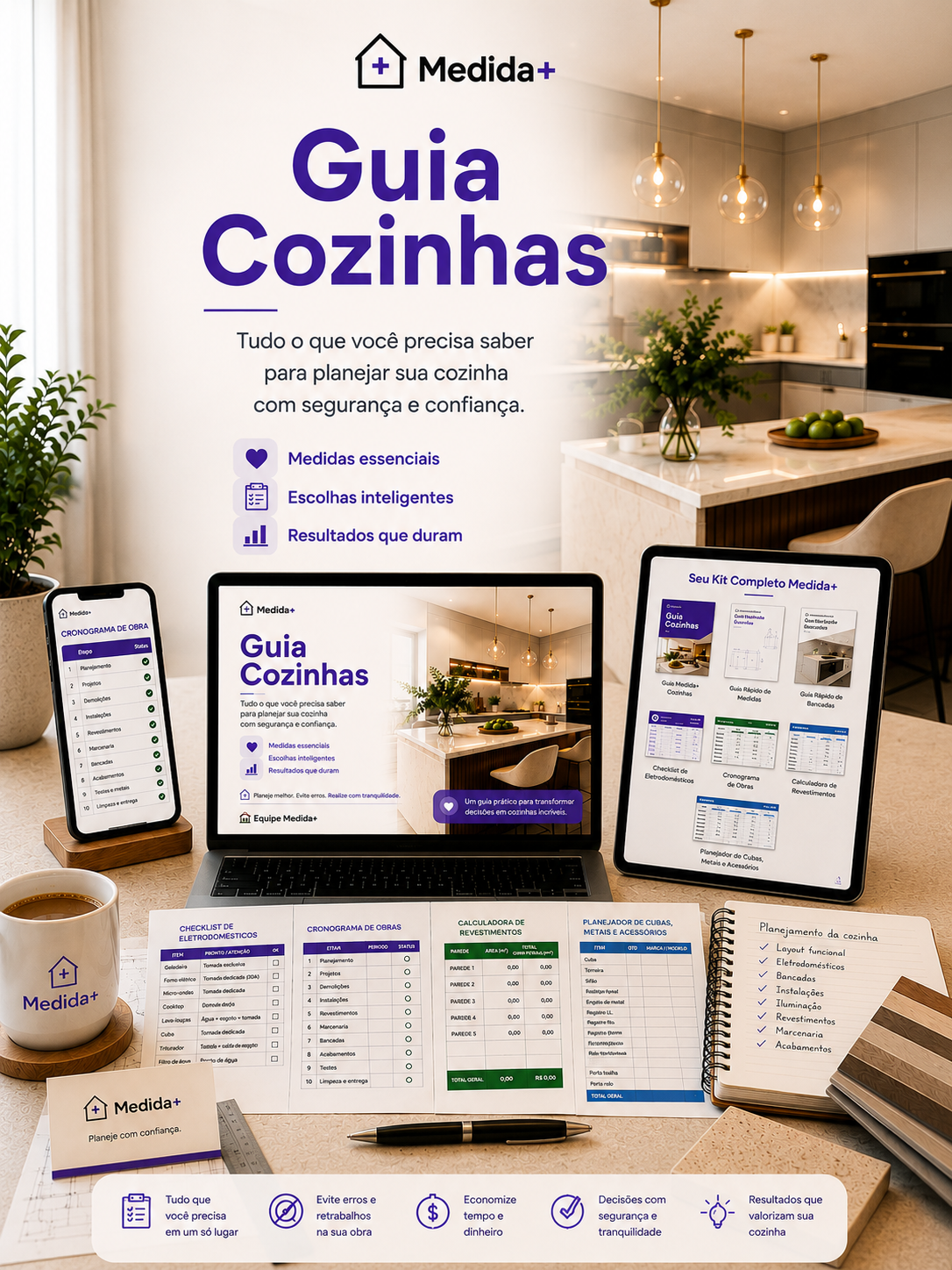 Mockup oficial do Kit Medida+ Cozinhas exibido em notebook, tablet e smartphone
